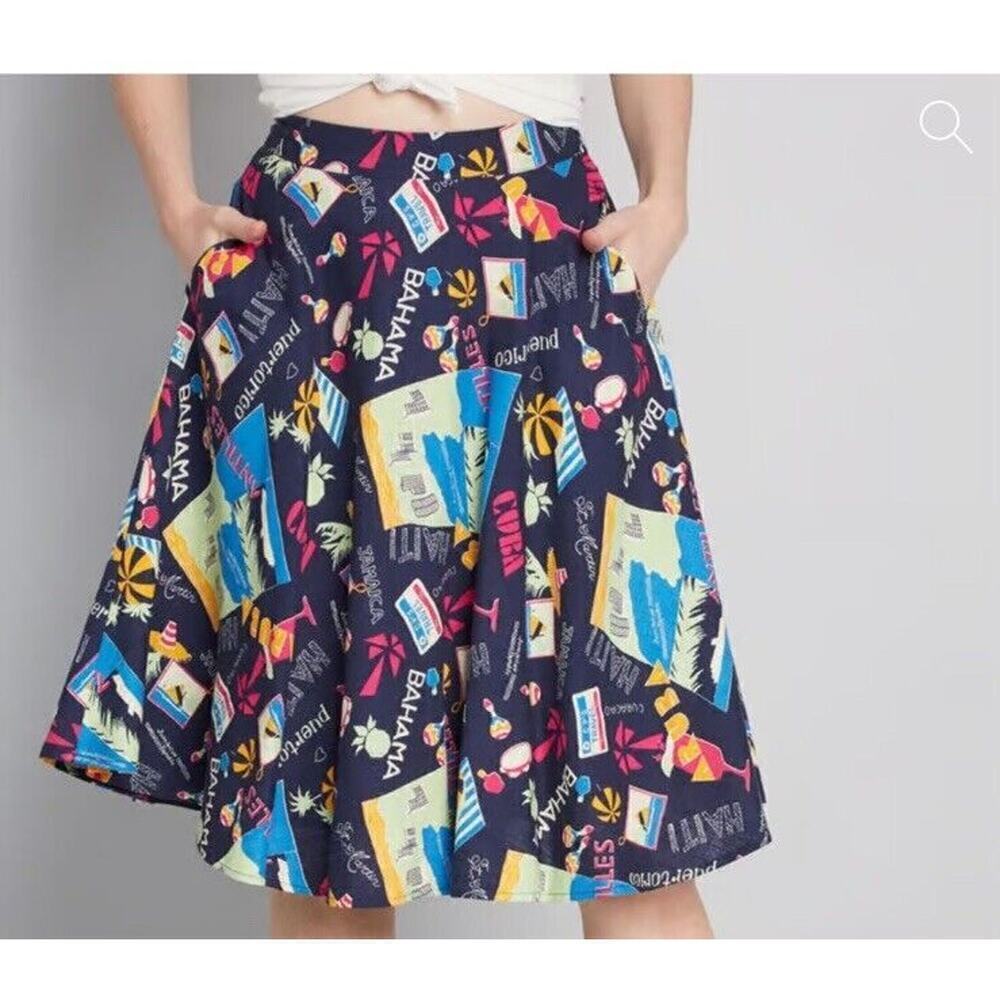 ModCloth Just This Sway Bahama Midi Circle Skirt Sz XS Tropical Beach Cruise